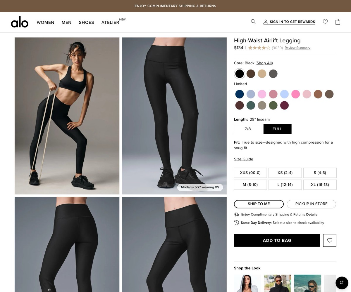 Alo Yoga High-Waist Airlift Legging product page, used as an example of a product page built to sell